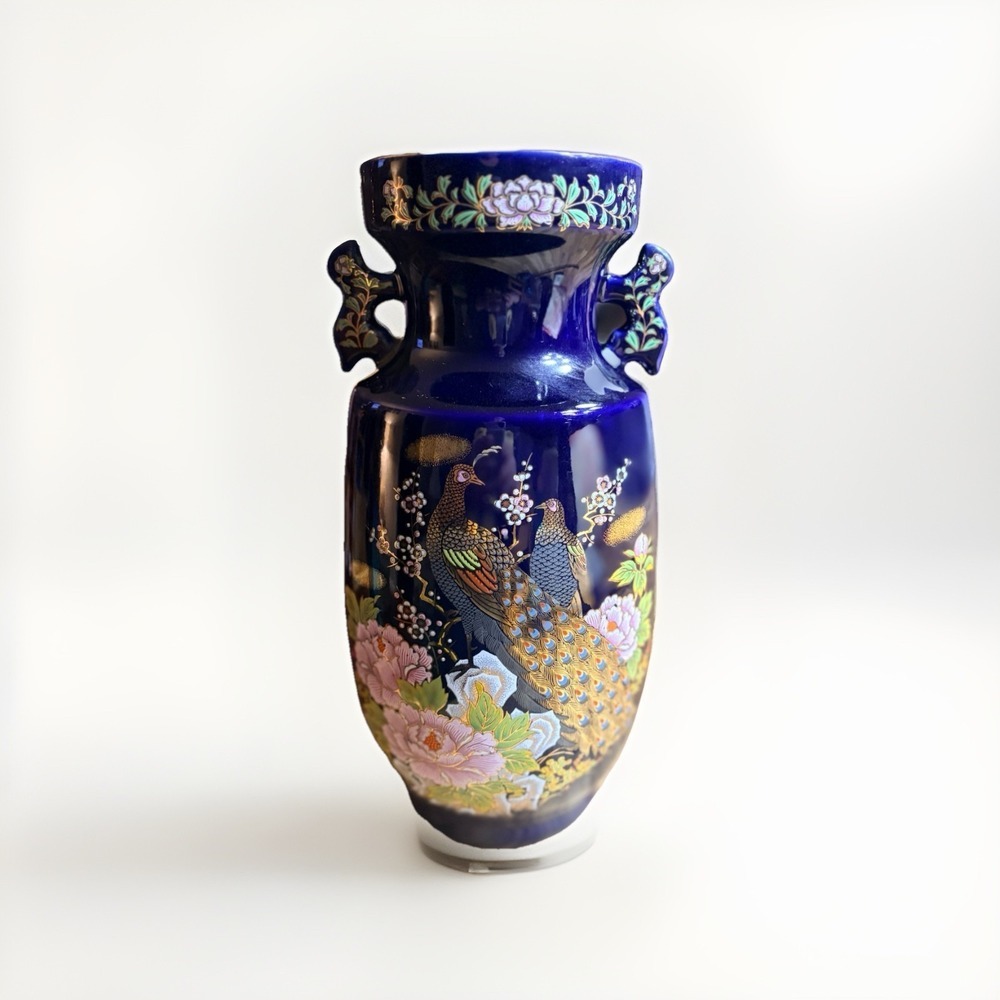 Vintage Cobalt Blue Japanese Vase With Floral And Peacock Artmark
